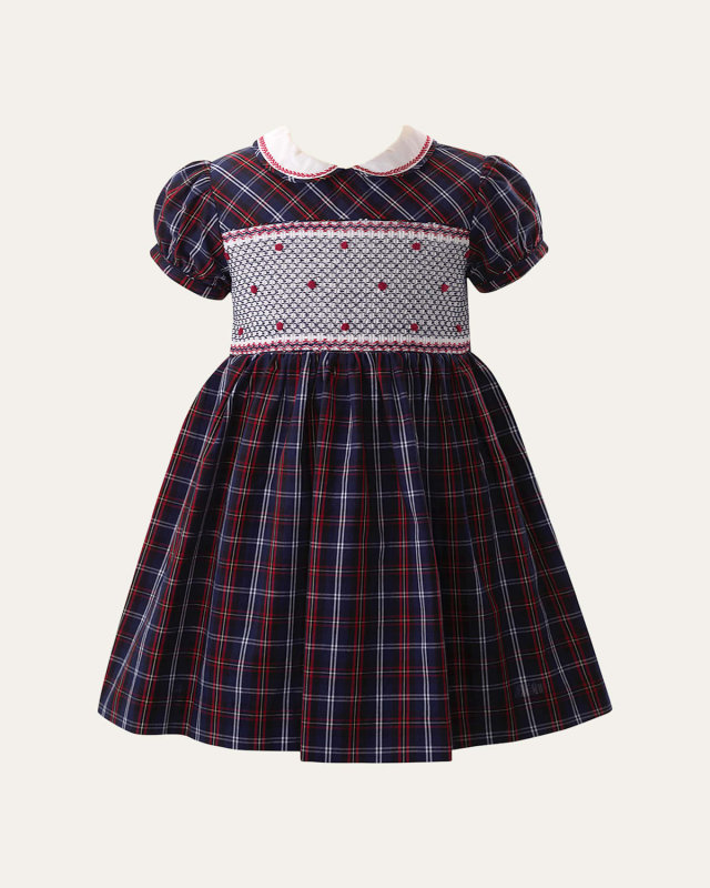 Girl's Check-Print Smocked Dress, Size 2-10